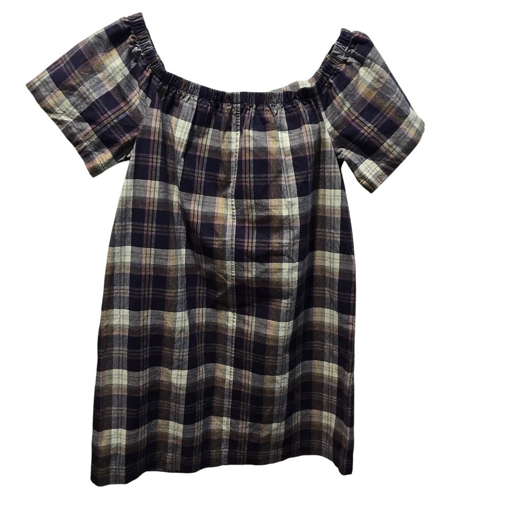 GAP Madras Blue Plaid sz S Dress pockets on off shoulder - Picture 3 of 8